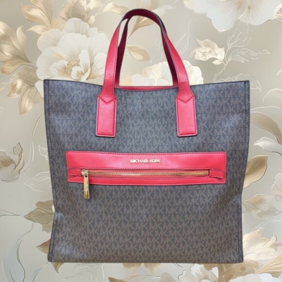 Michael Kors Kenly Brown Flame Red MK Signature Large Tote Shoulder Bag Purse - Picture 4 of 15